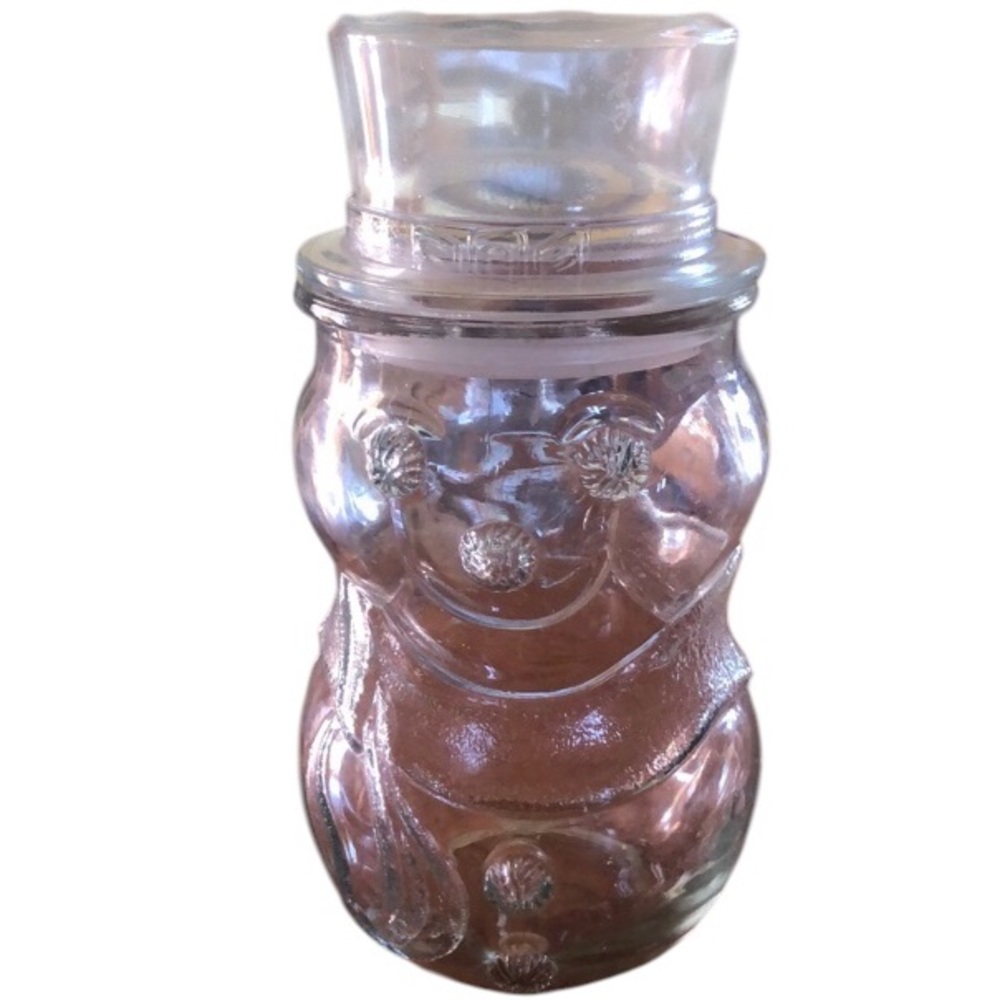 Libbey Clear Glass Frosty The Snowman Top Hat Lid Cookie Jar